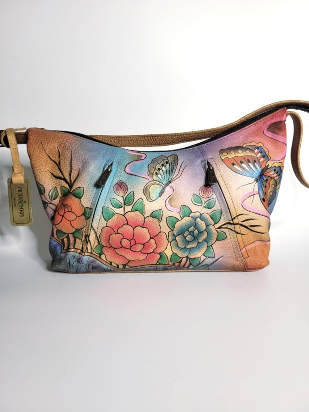 ANUSCHKA Painted Genuine Leather Hobo Shoulder Bag Tan Flowers Butterflies Purse